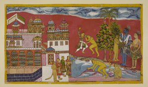 Legg til 15296 (2) f.16r, Tilbake utenfor palasset til Kiskindha av Indian School