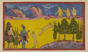 Legg til 15296 (2) f.3r, Sugriva er først skremt, og tenker at disse væpnede krigerne har blitt sendt av hans tilranende bror Bali for å ødelegge ham. Han sender sin kloke minister Hanuman for å finne ut mer om de to fremmede. Hanuman introduserer seg selv av Indian School