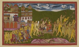 Add 15296 (2) f.43r, Sugriva og Laksmana blir formidlet i et gyldent kull, båret av aper, fra Kiskindha av Indian School