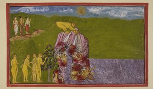 Legg til 15296 (2) f.81r, På kysten av det store havet var apene forferdet over hvordan de kunne krysse det for å nå La?k?. Angada spurte dem alle hvor langt de kunne hoppe, men ingen var sikre på å hoppe så langt, før Jambavan oppfordret Hanuman, s av Indian School