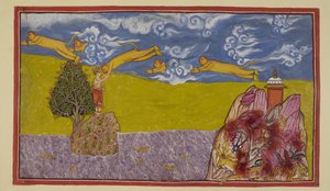 Legg til 15296 (2) f.84r, Uberørt av havets bredde, svulmer Hanuman seg opp til en enorm størrelse, og ved å bruke det fortsatt brennende fjellet Mahendra som utskytningsrampe kaster han seg ut i verdensrommet og over havet til øyriket La ?k?. The Ocean en av Indian School