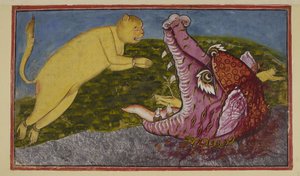 Legg til 15296 (2) f.86r, Slangenes mor Surasa, som bor på bunnen av havet, blir presset av gudene for å teste Hanuman, har forvandlet seg til et stort sjømonster med mektige kjever, røde, lilla og fanged. Uansett hvor bredt hun utvider henne av Indian School