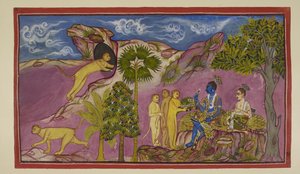 Legg til 15296 (2) f.9r, Sugriva forteller Rama at han har sett Sita bli båret opp i en vogn av Ravana, kjempet og ropt opp navnene til Rama og Laksmana. Da hun så ham nedenfor, slapp hun juvelene og et overplagg. Sugriva løper til en hule inn av Indian School