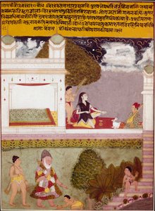 En askete lytter til musikk på terrassen til et miniatyrpalass på den indiske skolen, rundt 1760. Privat samling av Indian School