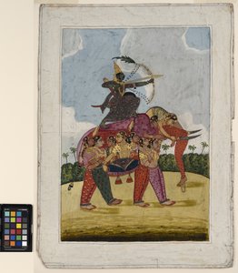 En elefant, kompositt, laget av dansende kvinner, fungerer som et feste for en bueskytter, ca. 1825 (ugjennomsiktig akvarell og gull på papir) av Indian School
