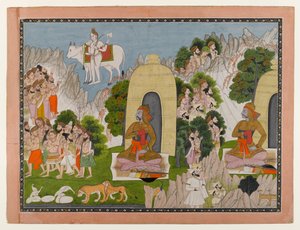 Arjunas Penance, scene fra en Mahabharata-serie, ca. 1825-40 (wc og gull på papir) av Indian School