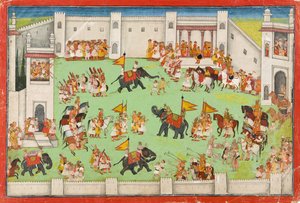 Ankomst av brudgommen til palasset, folio fra en Ramayana, ca. 1640-1650 av Indian School
