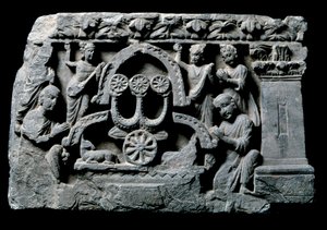 Art of Gandhara (eller gresk-buddhisme): "" Buddha i bønn"" miraklet Sravasti (Shravasti eller Savatthi) (Praying Buddha, mirakelet til Sravasti) Relieff av Gandhara-skolen - 2. til 4. århundre - Indian Museum, Calcutta India av Indian School