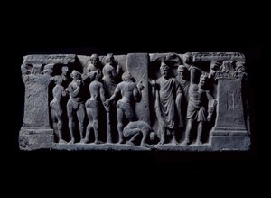 Art of Gandhara (eller gresk-buddhisme): "" Devadatta-bueskyttere angriper Gautama"" (bueskyttere fra Devatta angriper Gautama Buddha) Relieff av Gandhara-skolen - 2. til 4. århundre - Indian Museum, Calcutta India av Indian School