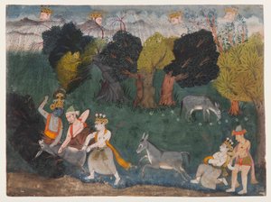 Balarama Kills the Ass Demon, Side fra en Dispersed Bhagavata Purana Series, ca. 1725 (ugjennomsiktig akvarell og sølv på papir) av Indian School