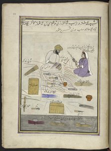 Kurvmaker og hans kone,  86 tegninger bundet inn i et bind som viser handel og yrker i Kashmir, håndverkere vises i arbeid med redskaper og utstyr,  Av en Kashmir-kunstner, sannsynligvis i Srinagar, ca. 1850-60 (gouache på papir) av Indian School