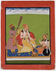 Bhao Singh tronet med en adel ved føttene, ca. 1680 (ugjennomsiktig wc og gull på papir) av Indian School