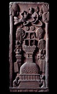 Buddhisme: "" Mahaparinirva a ou parinirvana, slutten på Buddhas jordiske eksistens, når nirvanaen"" (Parinirvana, siste nirvana, som inntreffer ved døden til Buddhas kropp) detail du stupa de Bharhut (Barhut, Barouth) Lav relieff av sort av Indian School