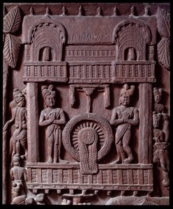 Buddhisme: "" Prasenjits siste besøk til Buddha" (Prasanjits siste besøk til Buddha) detail du stupa de Bharhut (Barhut, Barouth) Lavt relieff av svart stein, 2. århundre f.Kr. (2. århundre f.Kr.) - Kolkata, indisk museum av Indian School