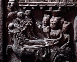 Buddhisme: "" Prasenjits siste besøk til Buddha" (Prasanjits siste besøk til Buddha) detail du stupa de Bharhut (Barhut, Barouth) Lavt relieff av svart stein, 2. århundre f.Kr. (2. århundre f.Kr.) - Kolkata, indisk museum av Indian School