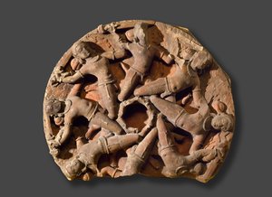 Takrundell med åtte sammenkoblede væpnede krigere, Sør-Rajasthan, (sandstein) av Indian School