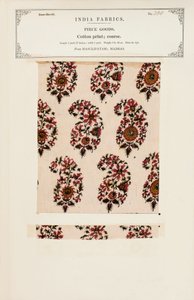 Prøve av grovt bomullstrykk fra Masulipatam i Madras, fra The Collection of the Textile Manufacturers of India, av John Forbes Watson, utgitt i 1866 av Indian School