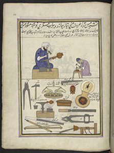 Kobbersmeder som lager kobberkar,  86 tegninger bundet inn i et bind som viser handel og yrker i Kashmir, håndverkere vises i arbeid med redskaper og utstyr,  Av en Kashmir-kunstner, sannsynligvis i Srinagar, ca. 1850-60 (gouache på papir) av Indian School