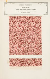 Bomullsprøve med et chetee (chintz) trykk fra Arcot i Madras, fra The Collection of the Textile Manufacturers of India, av John Forbes Watson, utgitt i 1866 av Indian School