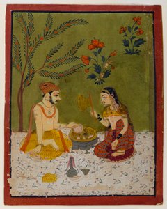 Par sitter under et tre, ca. 1700 (wc og gull på papir) av Indian School