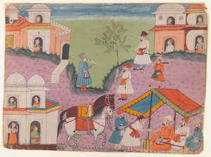 Courtiers eskapader, side fra en uidentifisert narrativ serie, ca. 1670 (ugjennomsiktig wc på papir) av Indian School