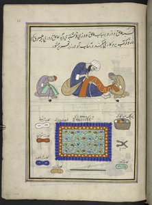 Håndverkere som broderer filttepper '(namda),' 86 tegninger bundet inn i et bind som skildrer handel og yrker i Kashmir, Håndverkere vises på jobb med redskaper og utstyr, Av en Kashmir-kunstner, sannsynligvis i Srinagar, ca. 1850-60 (gouache) på s av Indian School