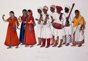 Dansende jenter og musikere, ca. 1828 (farge litho) av Indian School