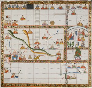 Design for spillet Snakes and Ladders, 1800 (gouache på papir montert på tøy) av Indian School