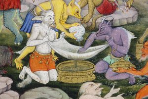 Detalj fra Demons in a Wild Landscape, ca. 1600 (ugjennomsiktig wc og gull på papir) av Indian School