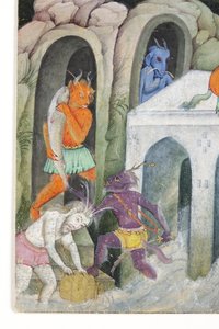 Detalj fra Demons in a Wild Landscape, ca. 1600 (ugjennomsiktig wc og gull på papir) av Indian School