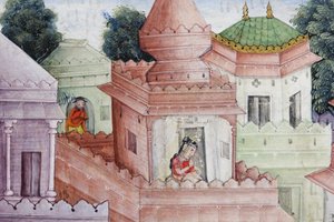 Detalj fra Krishna Cleaves the Demon Narakasura med diskosen sin, ca. 1585-90 (ugjennomsiktig wc og gull på papir) av Indian School
