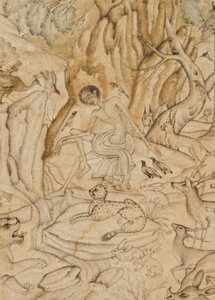 Detalj fra Majnun i villmarken, ca. 1595 (ugjennomsiktig wc og gull på papir) av Indian School