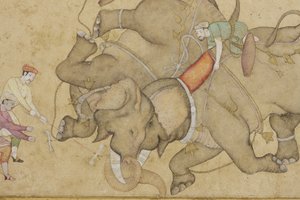Detalj fra en elefantkamp, med blomster-arabesk på kanten, ca. 1610 (ugjennomsiktig wc og gull på papir) av Indian School
