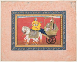Dialog mellom Krishna og Arjuna på slagmarken i Kurukshetra, ca. 1820 (ugjennomsiktig akvarell og gull på papir) av Indian School