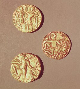 Dinarer av Kumargupta I (425-454) Chandragupta I (320-335) og Sri Rajray (gull)