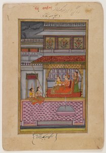 Dipaka Raga, side fra en spredt Ragamala-serie, ca. 1800 (wc og gull på papir) av Indian School