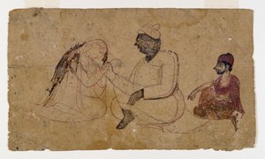 Tegning av tre sittende figurer, ca. 1750 (blekk og farge på papir) av Indian School