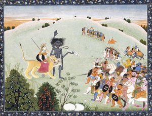 Durga og Kali står foran den fremadstormende verten av demoner, ca. 1800-1820 av Indian School