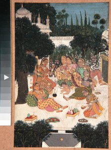 Åtte kvinner og et barn på en palassterrasse, ca. 1760 (ugjennomsiktig wc på papir) av Indian School
