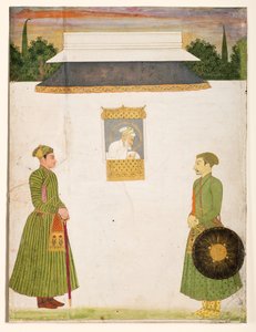 Keiser Aurangzeb ved et jharokha-vindu, to adelsmenn i forgrunnen, ca. 1710 (ugjennomsiktig wc gull på papir) av Indian School