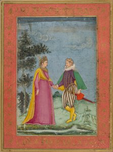 Europeisk herre og dame, kledd i Elizabethansk kostyme, illustrasjon fra 'Dara Shikoh', ca. 1630-40 (akvarell og gull på vellum) av Indian School