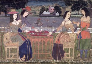 Europeere som forfrisker seg på en balkong, Mughal, muligens Deccan (ugjennomsiktig wc på papir) av Indian School