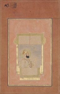 Farrukh Siyyar sitter ved et vindu og holder en gullsarpech, ca. 1715 (ugjennomsiktig wc og gull på papir) av Indian School