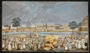 Fyrverkeri på en lys måneskinn natt utenfor Agna Mahal, en del av Nawabs palass ved siden av elven ved Murshidabad, ca. 1790-1800 (akvarell på papir) av Indian School