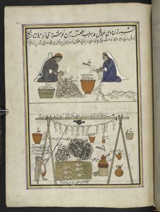 fiskehandlere, kvinner sløying fisk; mann som tørker fisk,  86 tegninger bundet inn i et bind som viser håndverk og yrker i Kashmir, håndverkere vises i arbeid med redskaper og utstyr,  Av en Kashmir-kunstner, sannsynligvis i Srinagar, ca. 1850-60 (gouach av Indian School