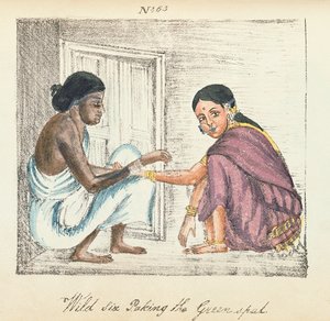 Fortune Teller and woman, fra 'A Digest of the different Castes of India', av Venkata Ramasvani, publiserte Madras 1837 (farge litho) av Indian School