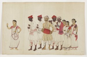 Fire kvinnelige dansere i prosesjon med musikere, ca. 1830 (ugjennomsiktig wc og gull på papir) av Indian School