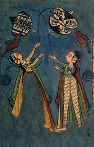 Girls Flying Kits, Kullu Folk Painting, Himachal Pradesh av Indian School
