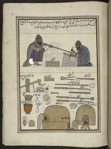 Glassblåsere,  86 tegninger bundet inn i et bind som viser håndverk og yrker i Kashmir, håndverkere vises i arbeid med redskaper og utstyr,  Av en Kashmir-kunstner, sannsynligvis i Srinagar, ca. 1850-60 (gouache på papir) av Indian School