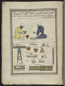 Gullslagere lager bladgull,  86 tegninger bundet inn i et bind som viser håndverk og yrker i Kashmir, håndverkere vises i arbeid med redskaper og utstyr,  Av en Kashmir-kunstner, sannsynligvis i Srinagar, ca. 1850-60 (gouache på papir) av Indian School